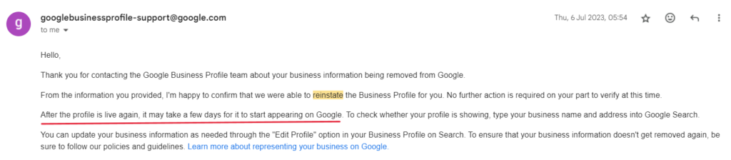 google my business reinstate