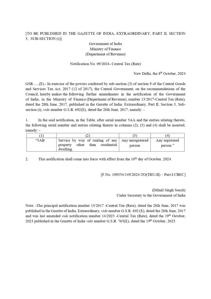 Notification on RCM on Rent to Unregistered Person under GST LAW